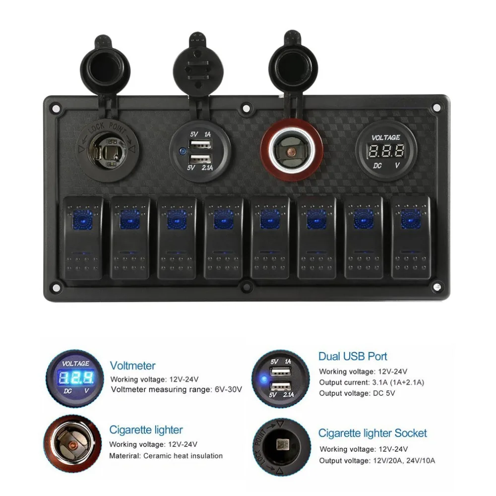 

hot 8 Gang 12-24V Rocker Switch Panel Control Car Marine Boat Voltmeter IP65 Waterproof Dual USB Charging Ports Durable Material