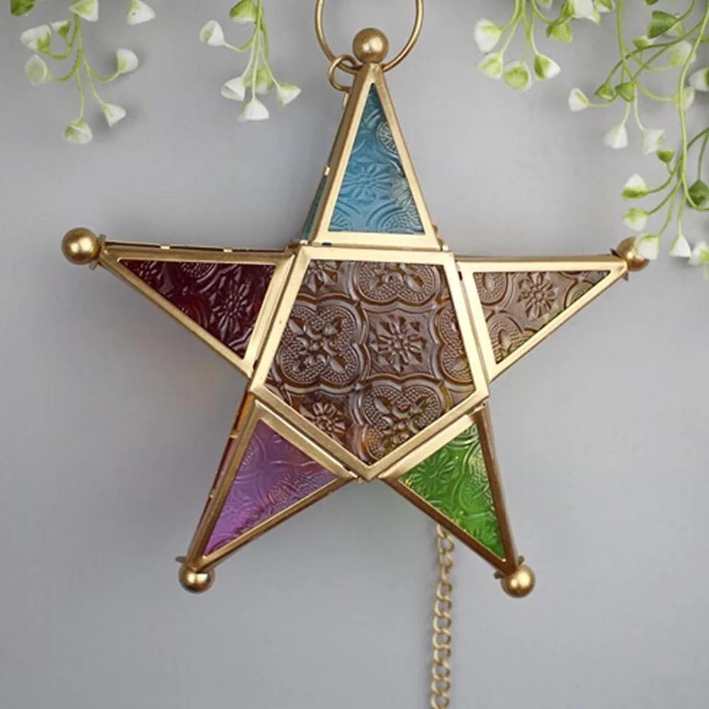

Colorful Hang Candlestick Five-pointed Star Design Candlestick Moroccan Style for Light Wall Door Hanging Home Bar Decoration