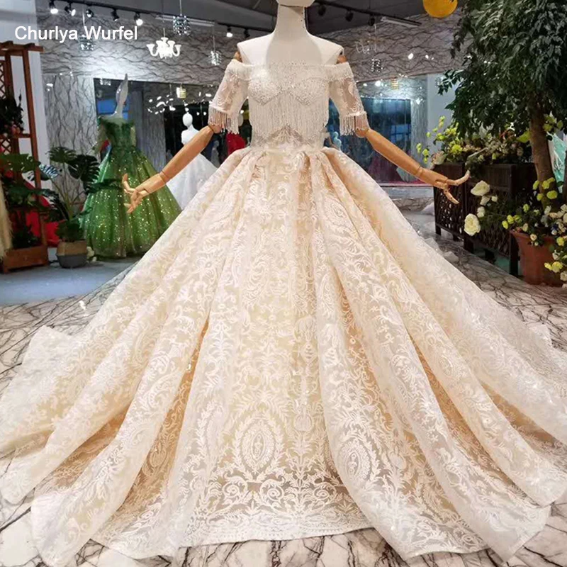 LSS140 Кружева Свадебные платья Шампанское с плеча лодочкой шеи Блестящий