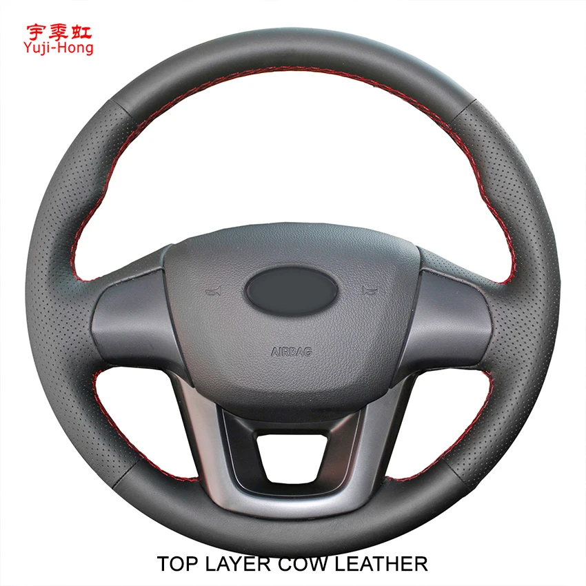 

Yuji-Hong Top Layer Genuine Cow Leather Car Steering Covers Case for KIA K2 2011-2012 Hand-stitched Wheel Cover