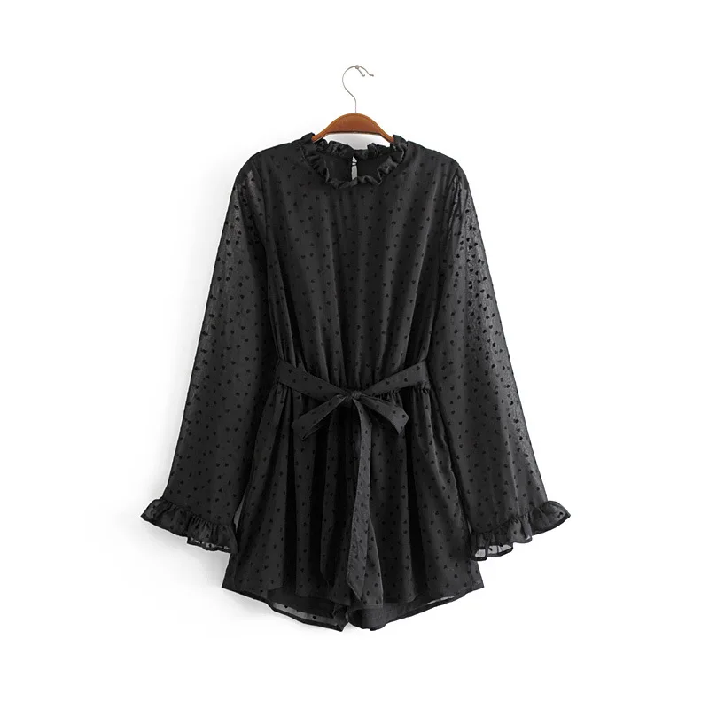 

KZ828 Spring Summer Black Color Flocking Dot With Belt Chiffon Playsuit Women Long Sleeve Bodysuits
