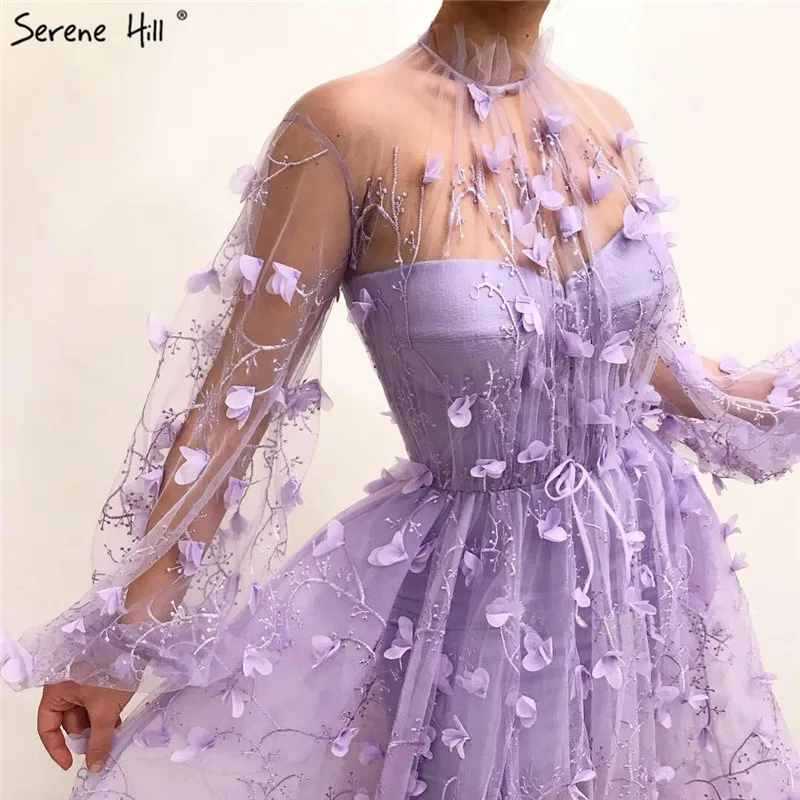 Фиолетовое перспективное сексуальное платье с длинным рукавом для выпускного вечера, платье с высоким горлом ручной работы с цветами, платье для выпускного вечера Serene hilm BLA60950