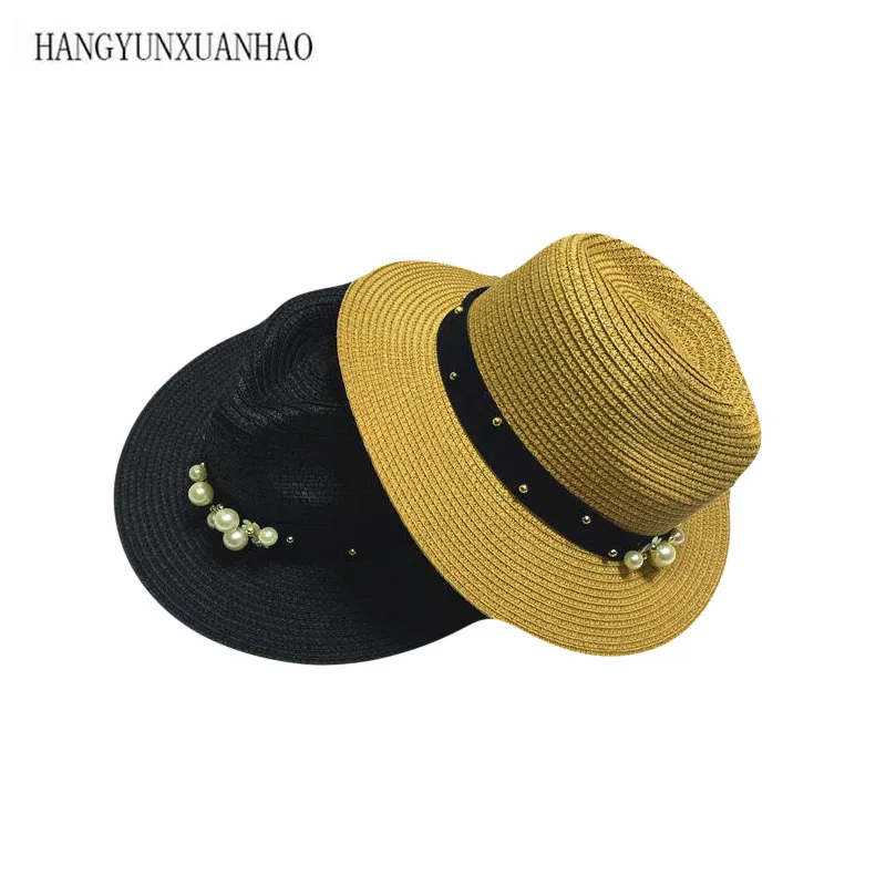 

Flower Beads Summer Sun Straw Hats For Women Rivet Pearl Wide Brimmed Jazz Panama Hat Chapeu Feminino Sun Visor Beach Hat