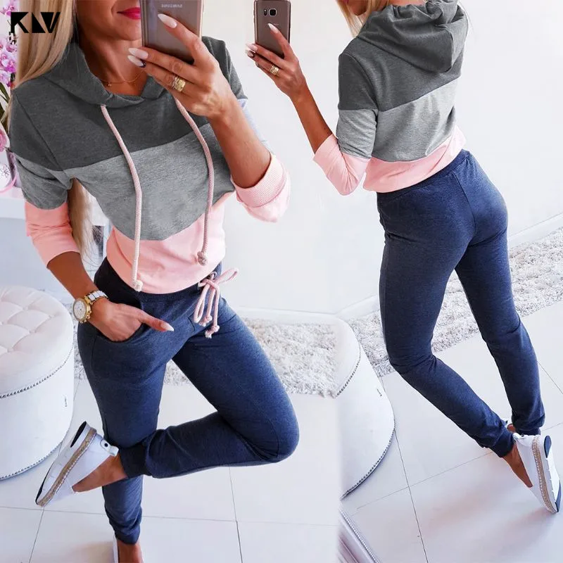 

KLV 2019 Autumn New Women Long Sleeve Sports Drawstring Color Matching Hoodies Sweatshirt Pullover