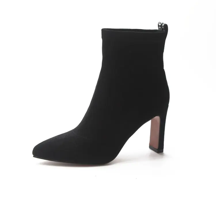 

Sock Women Boots Flock Mid Calf Boots Pointed Toe High Heel 8CM Winter Elastic Square Heel Female Shoes Size 35-41 Solid Botas