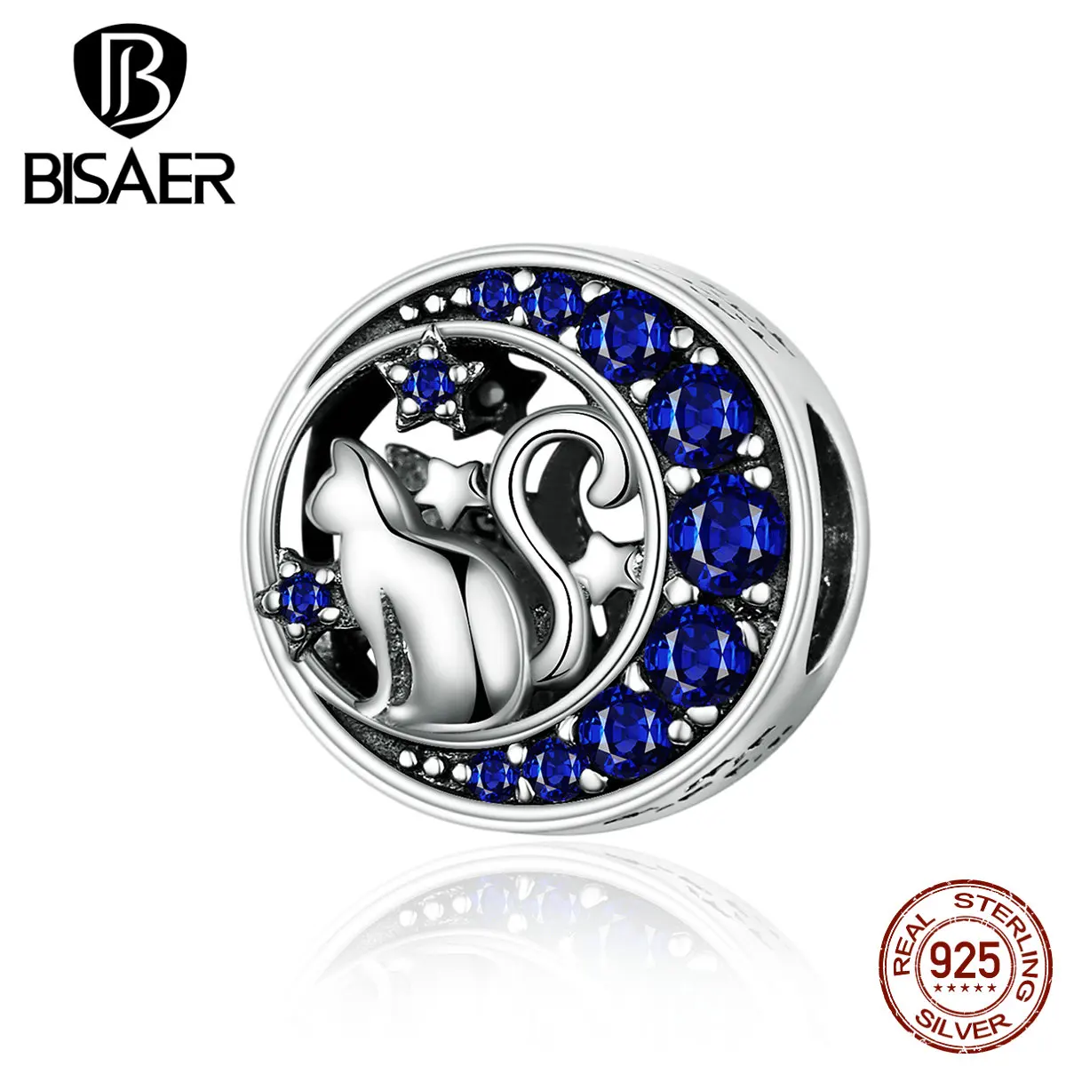 Бусины Bisaer из настоящего 925 пробы, серебряные, синие, циркониевые, кошачьи, лунные, блестящие, подходят для Панов, оригинальные браслеты, сделай сам, ювелирные изделия HSC1204