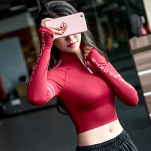 Сухой быстро эластичные половина на молнии Athletic Sport спортивные топы Для женщин Slim Fit Длинные рукава Фитнес Йога Топы с отверстиями для большого пальца