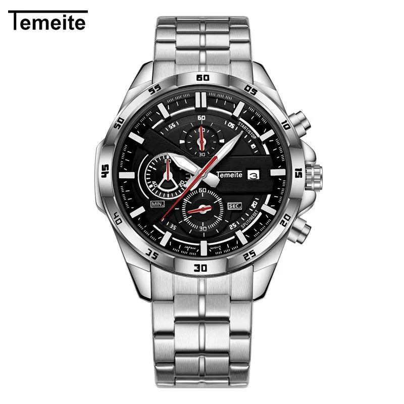 

Multifunction men's clock TEMEITE brand men wristwatch quartz stainless steel waterproof man watches black silver mens watches