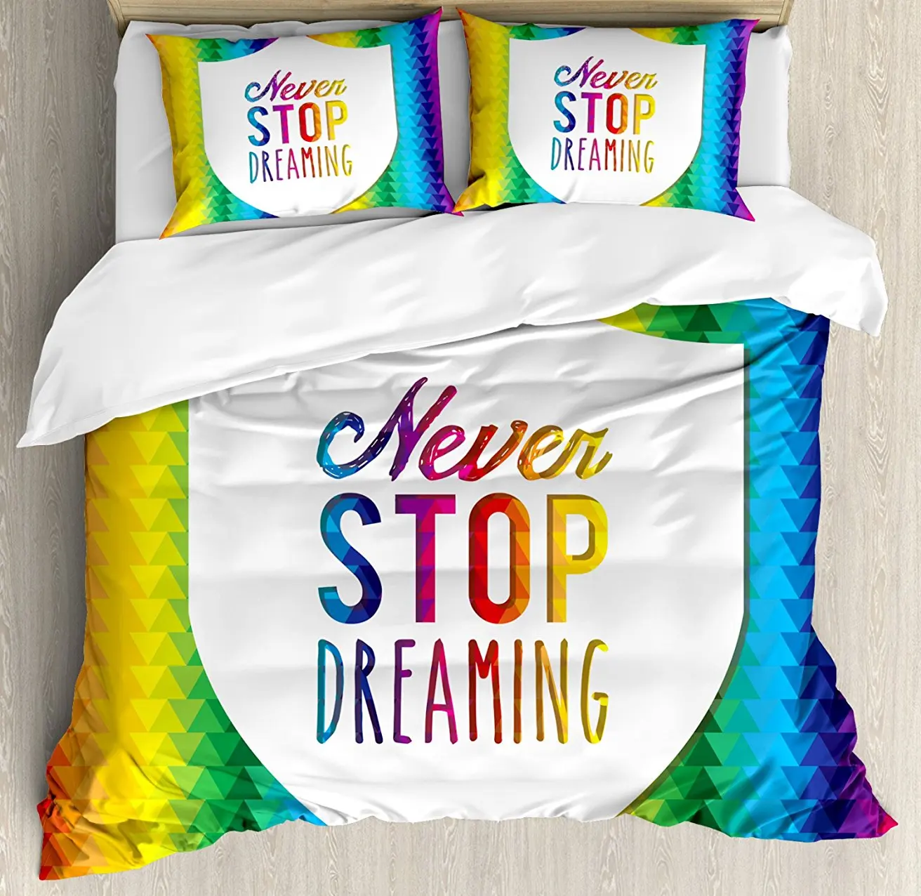 

Quote Duvet Cover Set Digital Bound Little Triangles in Rainbow Colors Futuristic Geometrical Motivation 4 Piece Bedding Set