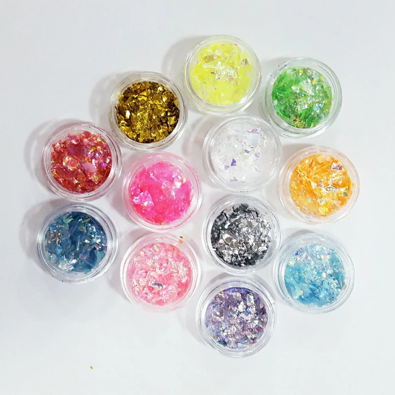 Shellhard 12Colors/Set Iced Mylar Nail Art Flakes Professional DIY Nail Tips Glitter Decals for Nail Art Decoration
