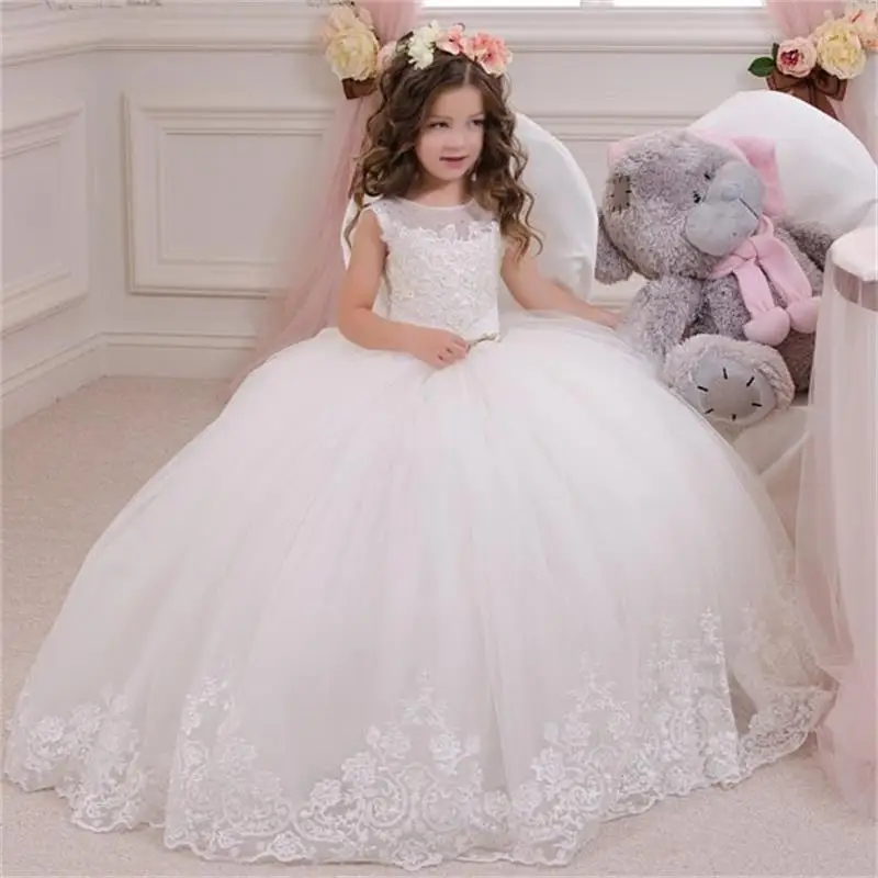 

2019 Ball Gown holy communion dresses white flower girl dresses for wedding lace appliques beaded pageant gown custom made