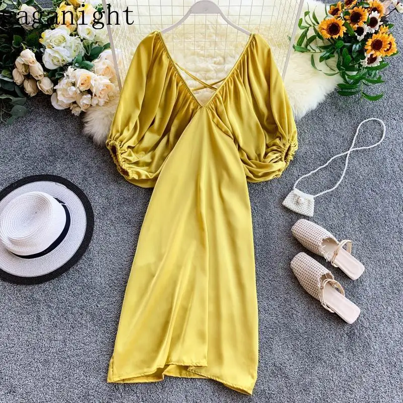 

Gaganight Fashion Bondage Evening Party Women Dress Pull Short Sleeves V Neck Backless Midi Dresses Ladies Chic Korea Vestidos