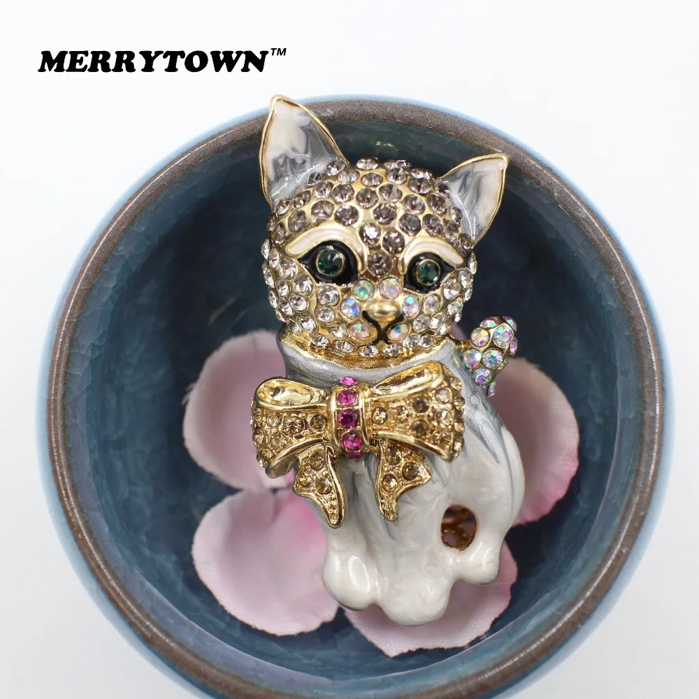 MERRYTOWN Горячие кот животное горный хрусталь эмалированная брошь на булавке Броши