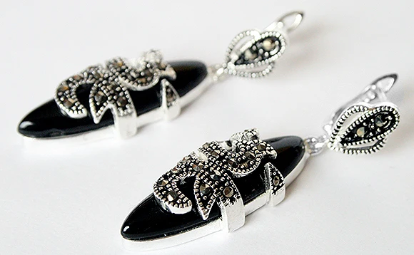 

11/2" New 925 Sterling Silver & Marcasite inlay Natural Black Agate fashion Earrings 5.29 -Top quality free shipping