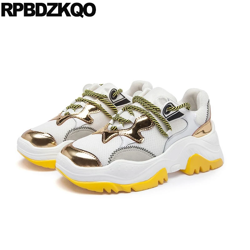 

lace up women thick sole round toe creepers platform shoes wedge elevator gold sneakers breathable designer trainers harajuku