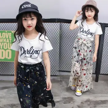 

Teenage Girls Clothes Set Summer Kids Cotton T-shirts & Chiffon Loose Pants Two Pieces Suit Children Clothing Outfits