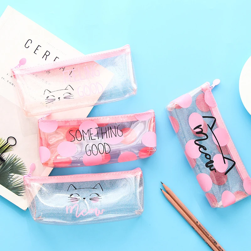 1 шт. ПВХ водонепроницаемый прозрачный Kawaii розовый Meow Cat Пенал для карандашей