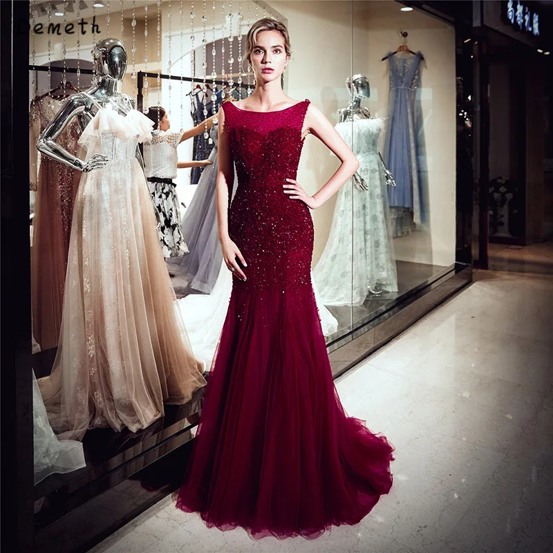 

Demeth Burgundy Evening Gowns Sexy Backless robe longue soiree Sweep Train Sleeveless Party Gowns