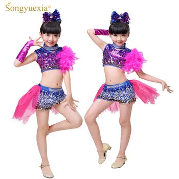 

Songyuexia Girls' Latin/Modern Dance Clothes Children's Stage Dancing Costume with Flower Tailed Costume Top and Pants 110-150cm