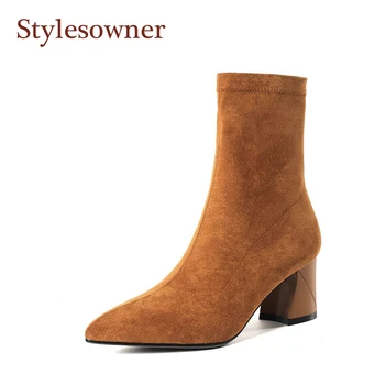 

2020 Winter Autumn Flock Mid-calf Boots For Women Zipper Pointed Toe Squared Heel Slim Mujer Camel Black Fashionable Boots 34-43