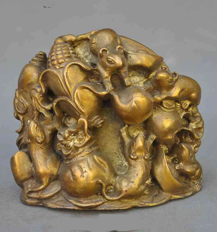 

christmas china brass fengshui golden bag money coin corn 5 mouse Rats Mice Murine statue halloween