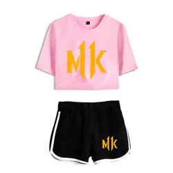 Новый список Лето Fashhion принт Mortal Kombat 11 Короткие розовые открытый пупок футболка + черные короткие брюки женские комплекты из двух предметов