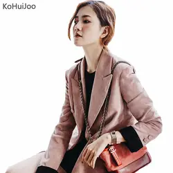 KoHuiJoo Демисезонный розовое вельветовое Блейзер Для женщин Кнопка двубортный тонкий костюм Пиджаки и жакеты Повседневное офисные пиджаки