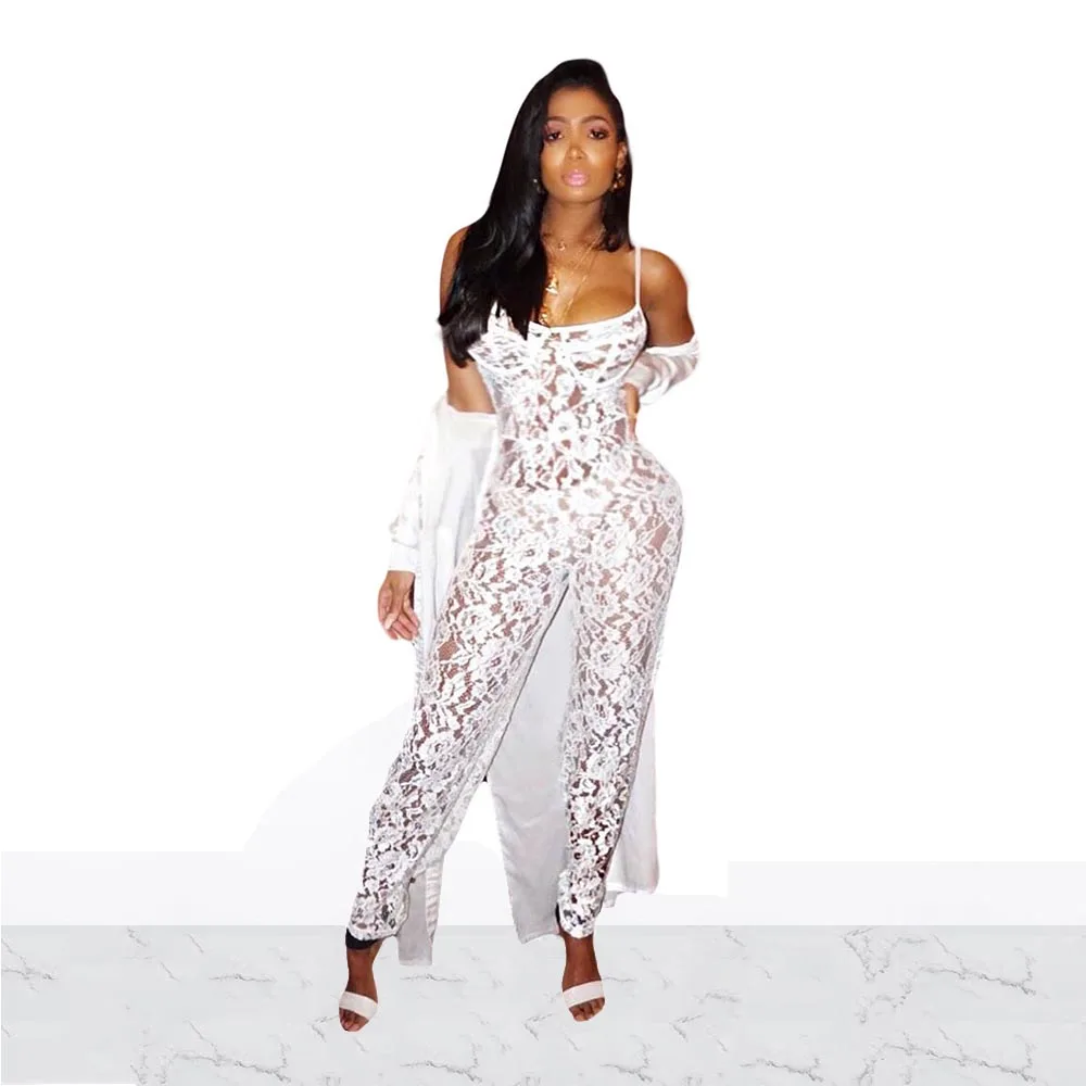

Women Sexy Spaghetti Strap White Floral Lace Jumpsuits Summer Party Clubwear Sleeveless See Through Back Zipper Rompers Overalls