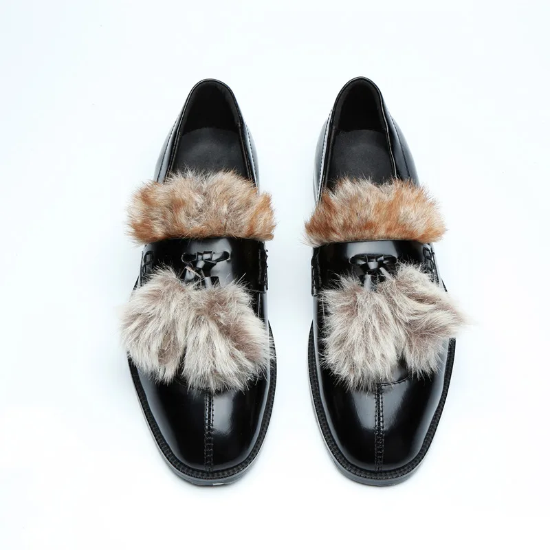 Qianruiti Men's Furry Hair Shoes Raccoon Fur Slip-on Loafers Smoking Shoes EU39-EU46 Customized color Men Casual Shoes