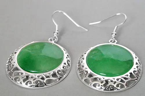 

Hot sell Noble- VINTAGE 925 STERLING SILVER NATURAL GREEN Natural stone COIN BEADS DANGLE EARRINGS 2