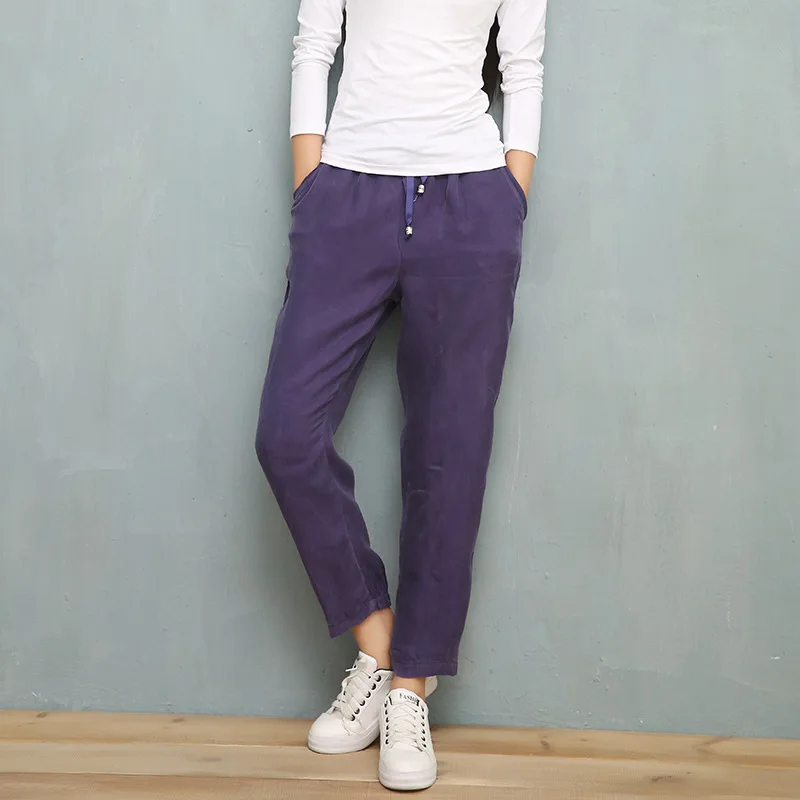 

QPFJQD 2018 Spring Summer Female Heavy Sand Wash Copper Ammonia Elastic Waist Original Design Pencil Pants