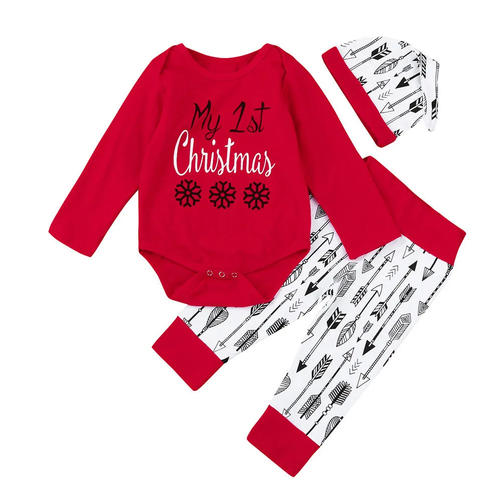 

Baby Outfits Christmas Newborn Baby Girl Boy clothes Cotton Rompers Long sleeve pants hat 3 PCS Costume My First Christmas Girl