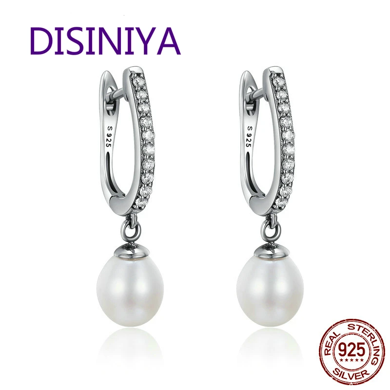 

100% Pure 925 Sterling Silver Graceful Freshwater Pearl, Clear CZ Drop Earrings For Women Jewelry Brincos Gift CQE194