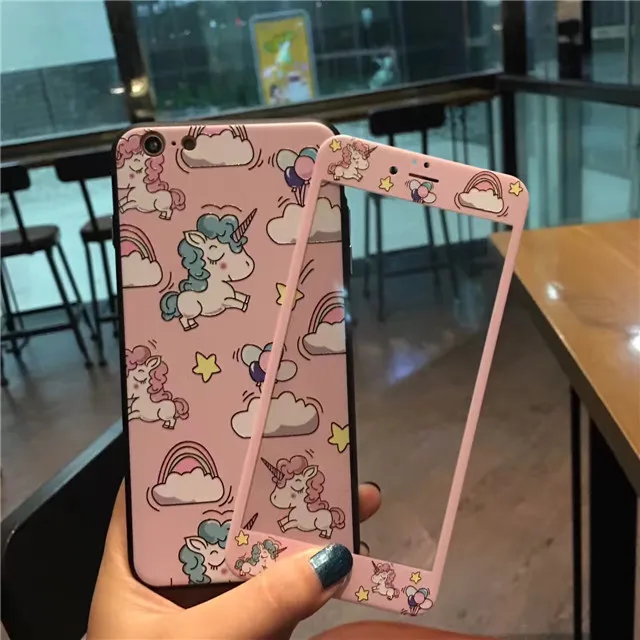 

RLENDA Cute Unicorn for iphone 6 6s 7 plus 8 TPU+PC cases+3D Soft Edge Screen Protector Tempered Glass Film Protective cover