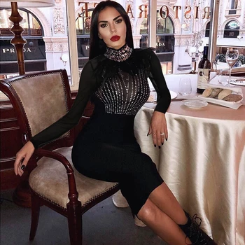 

HOT fashion sexy black bandage dress luxury diamond feather long sleeve high collar mesh stitching celebrity party dress Vestido