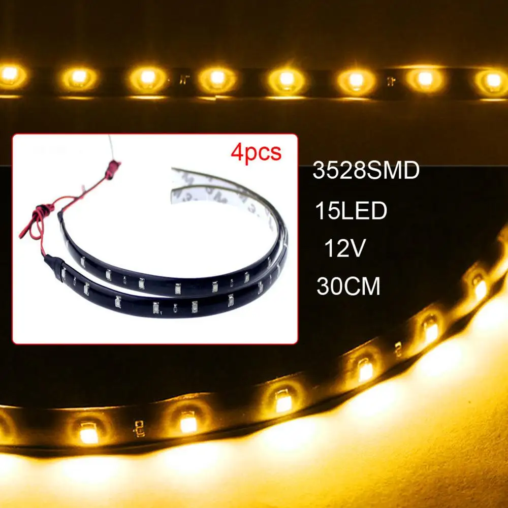 4pcs12V 30 см 15 светодиодный 3528 SMD водонепроницаемый автомобильный светодиодный фонарь с гибкой полосой для автомобиля, мотоцикла, грузовика, декоративное освещение - Испускаемый цвет: Yellow light