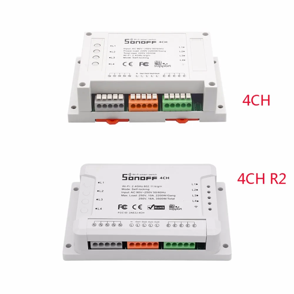 Интеллектуальный выключатель света Sonoff 4CH переключатель Wi-Fi Умный дом 4-канальном пульте дистанционного управления Управление модуль домашней автоматизации на/off Беспроводной таймер для переключателя «сделай сам» на din-рейку
