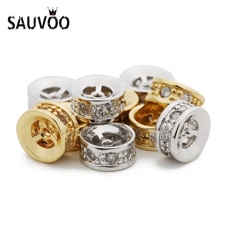 

SAUVOO 5pcs/lot 7mm Dia Pave CZ Round Spacer Copper Beads With 1mm Hole Gold Color Loose Bead For Bracelets Jewelry Findings