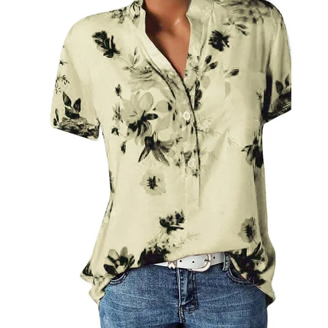 Elegant women's shirt printing large size casual shirt fashion V-neck short-sleeved shirt blouse Khaki
