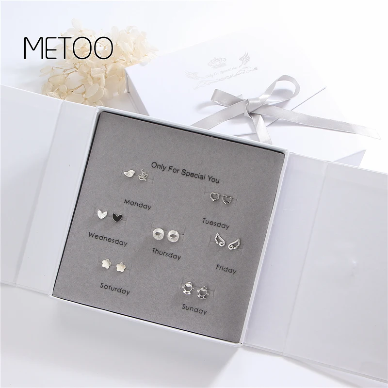 METOO 7 пар 925 стерлингового серебра серьги наборы BFF серьги гвоздики для женщин Звездные Крылья Феи кошка сердце геометрические птицы серьги