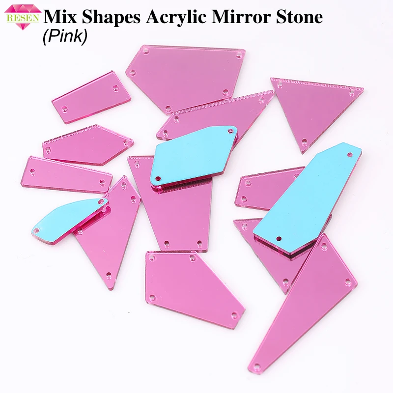 

RESEN 50PCS Mix Shape Flatback Acrylic Mirror Sew-On Stones With Holes Pink Color Plastic Sewing Rhinestone For Dress Decoration