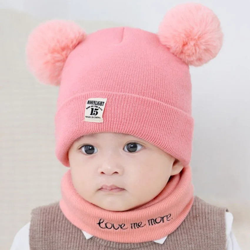 Зимняя вязаная теплая шапка+ шарф для новорожденных; костюм для малышей с двойным меховым помпоном; детская шапочка; милая детская шапочка; сезон весна-осень - Цвет: Розовый
