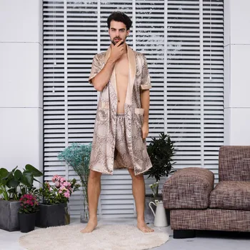 

2019 sexy men bathrobe robe Summer Simulation Silk Long Section Sleeves Home Service Thin Men's Pajamas 5.14