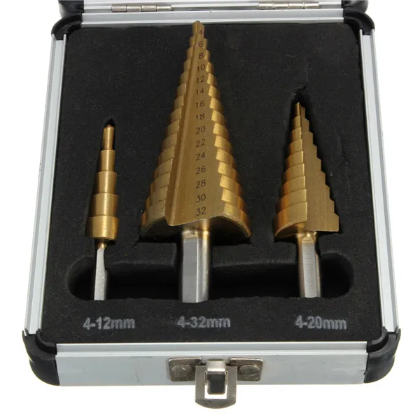

High Quality 3pcs 4-12/4-20/4-32 High Speed Steel Step Drill Bit Set Round Shank
