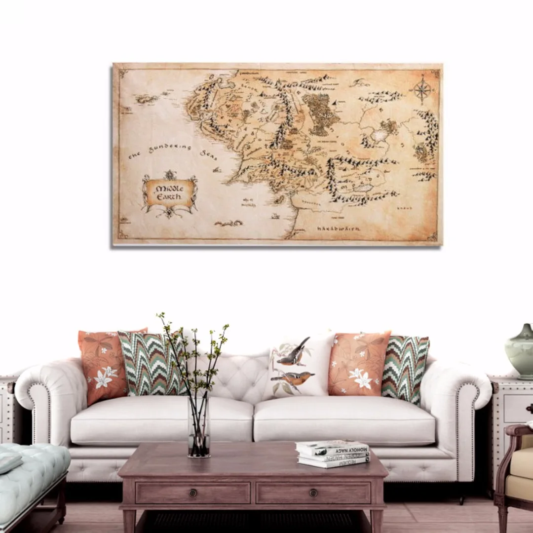 1pc 110*60cm Middle Earth World Map Silk Cloth Poster Home Office Decor Wall Art
