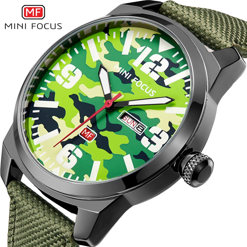 

MINI FOCUS Sports Chic Quartz Watch Men Camouflage Dial Army Green Nylon Strap Date Week Display Fashion Wristwatches Man Gift