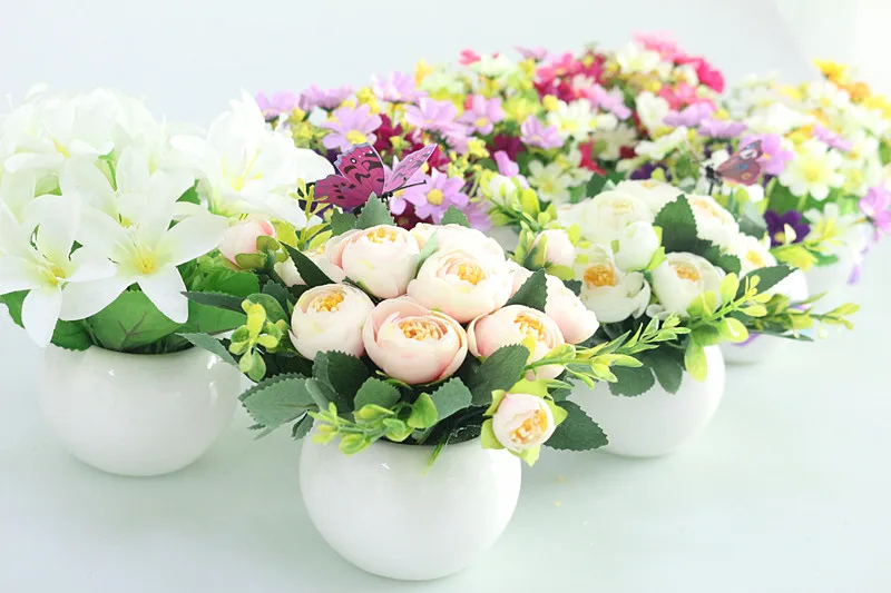 Flone Mini Artificial Small Potted Plants Silk Flower Simulation Flower Bonsai Home Wedding Party Decoration Fake Flowers (8)