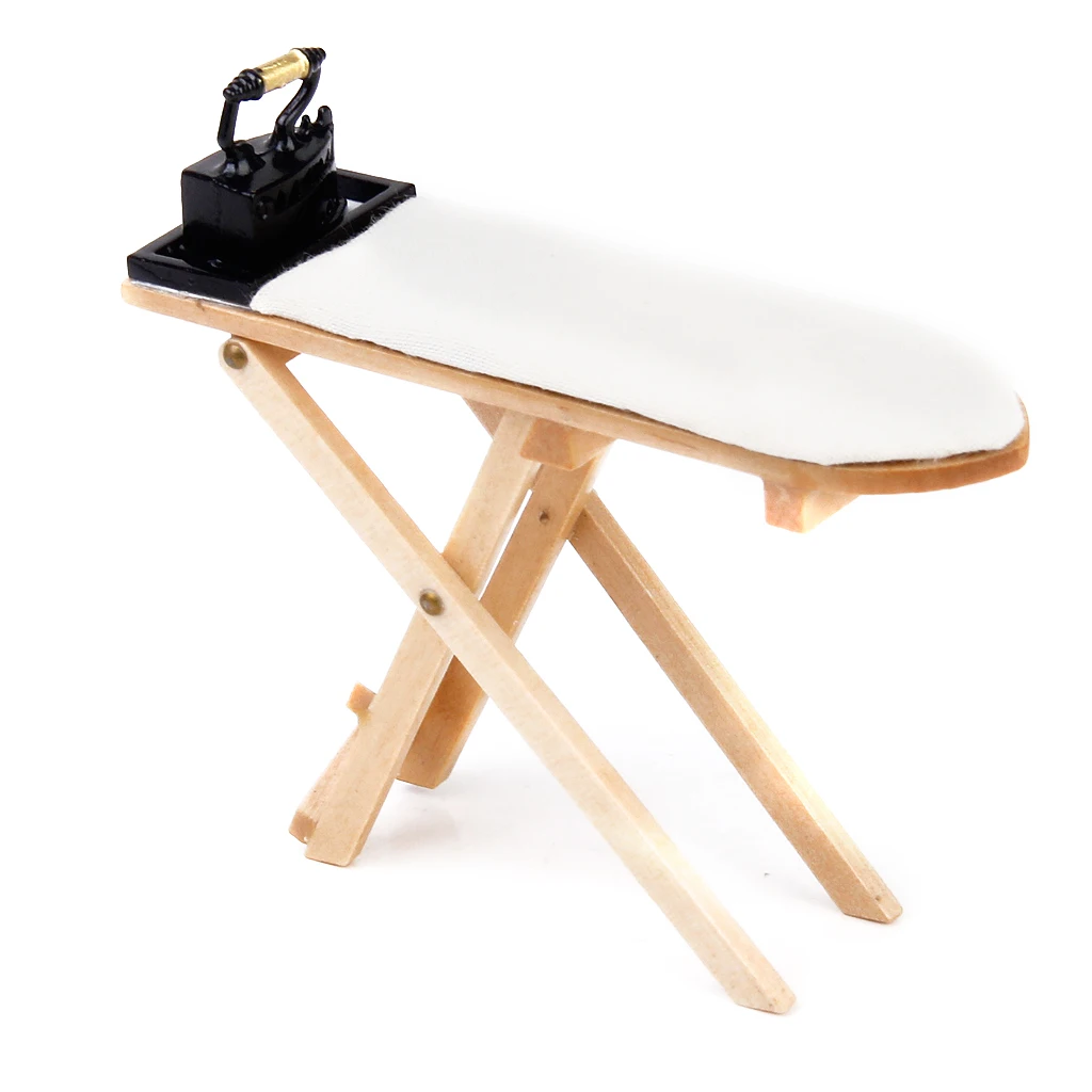Dolls house Miniature sewing room Iron Wooden Ironing Board Set for 1/12 Scale