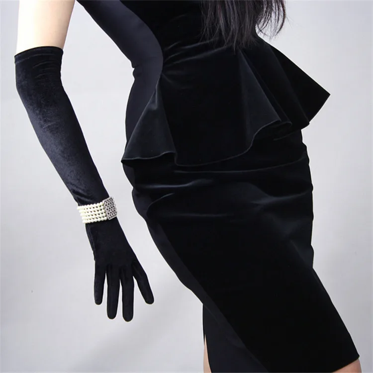 Женские перчатки черные бархатные перчатки супер длинные 50 см Ретро вечерние Vestido высокие эластичные сенсорный экран мобильный телефон TB108