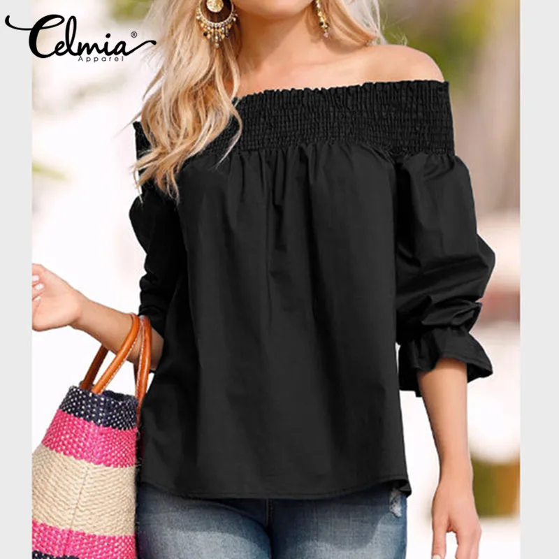 Celmia Women Summer Strapless Blouse Tops 2017 Sexy Off Shoulder Bowknot Solid Tops Shirts Plus Size Casual Blusas - 32810445566